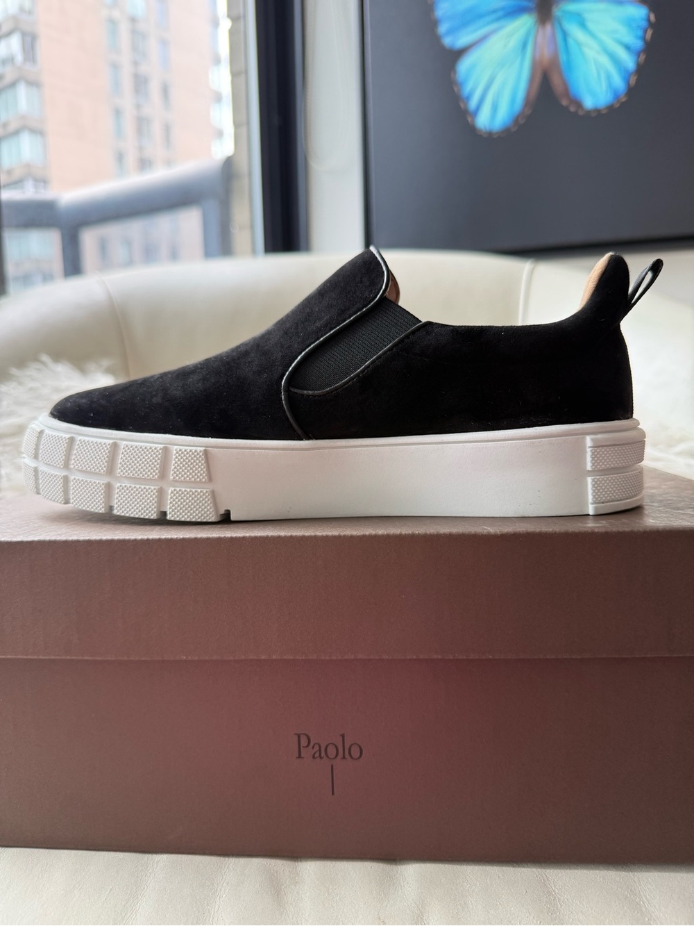 New, Linea Paolo Kenly-L Black Suede Platform Slip-On Sneakers Size 6